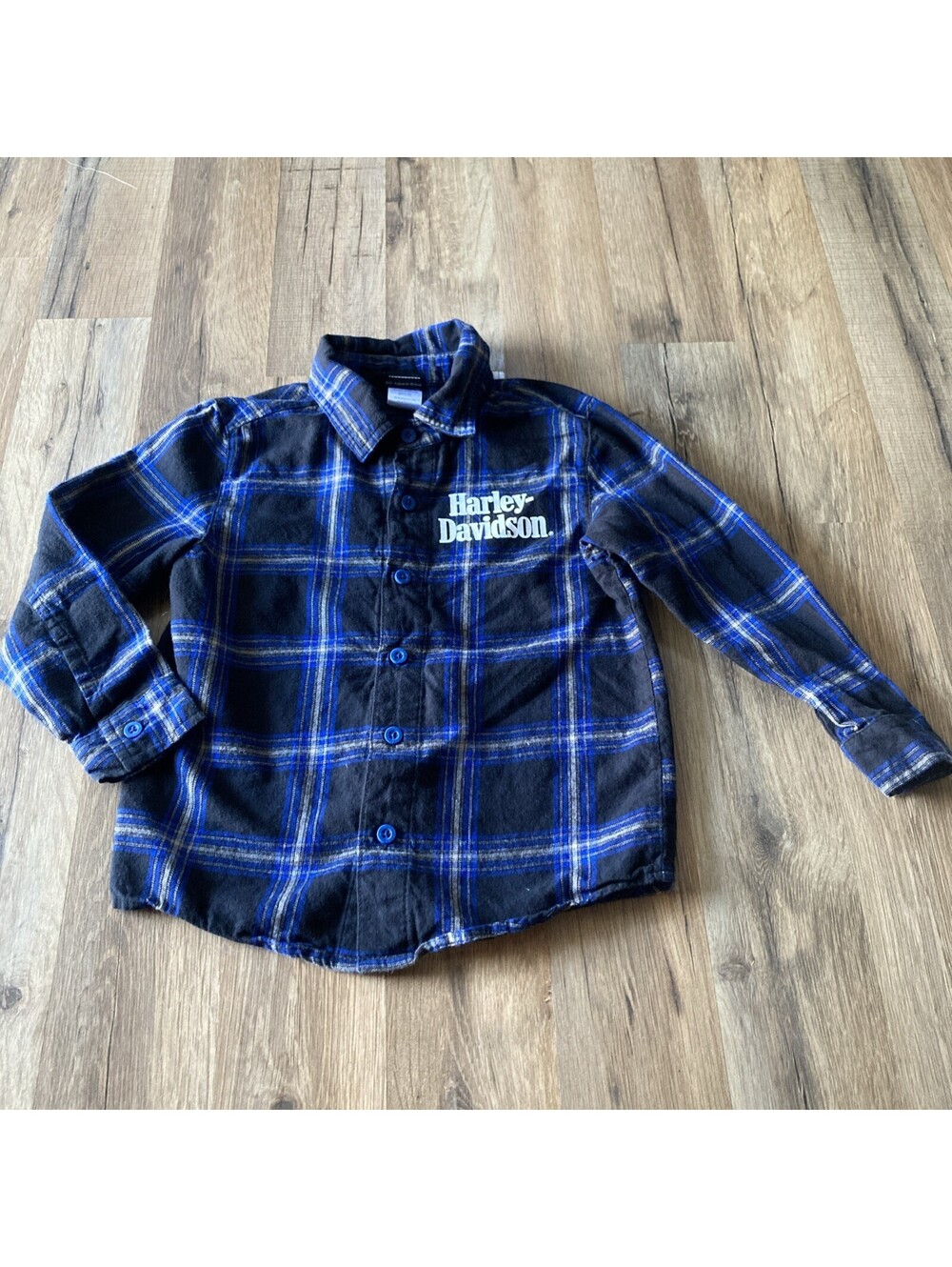 Harley Davidson Boys 4/5 Blue Brushed Plaid Long Sleeve Flannel Shirt Soft
